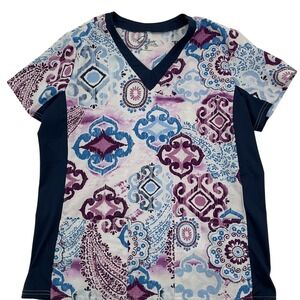 Butter-Soft Stretch Scrub Top Womens M Navy Purple Paisley V-Neck Modern Boho